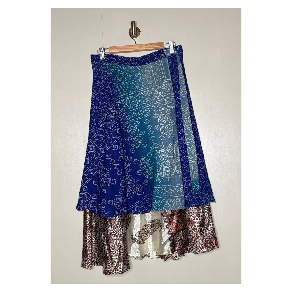 Ethnia Unique Vintage Designs 100% Silk Reversible Wrap Skirt Blue Paisley OS